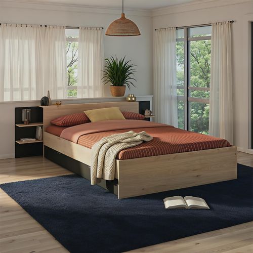 Lit 140x190/200 avec rangements ORNELLA imitation chêne et noir