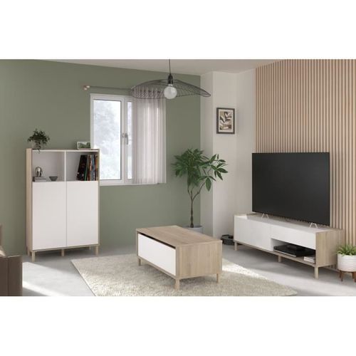 Ensemble Meuble De Salon - Meuble TV, Table Basse Relevable, Bahut Haut Morphos - Décor Blanc-chêne