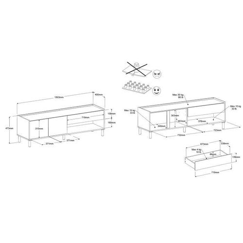 Ensemble Meuble De Salon - Meuble TV, Table Basse Relevable, Bahut Haut Morphos - Décor Blanc-chêne