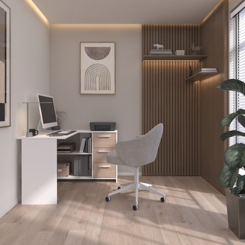 Bureau d'angle INFINITY imitation chêne et blanc