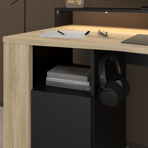 Bureau Gamer LED META imitation chêne et noir
