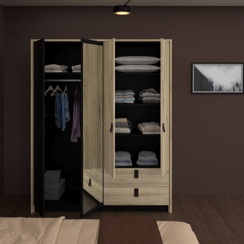 Armoire 4 portes 2 tiroirs KIERAN imitation chêne et noir