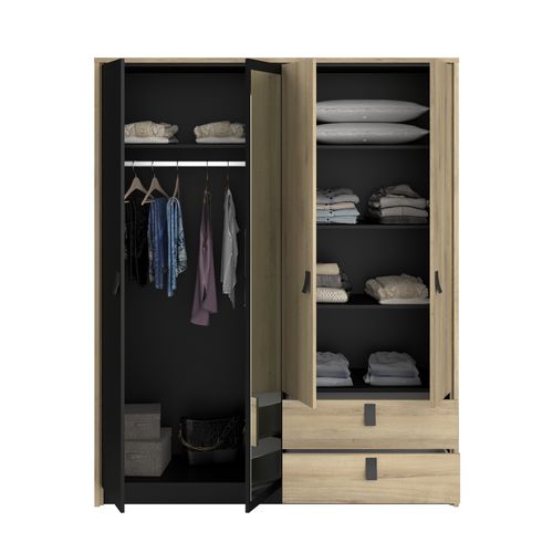 Armoire 4 portes 2 tiroirs KIERAN imitation chêne et noir