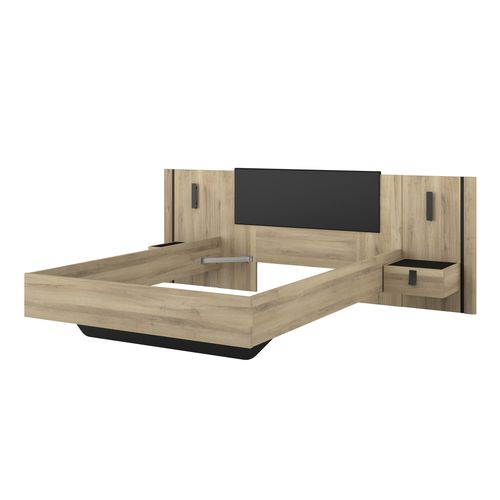 Lit 140x190/200 cm avec chevets KIERAN imitation chêne et noir