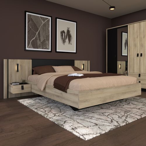 Lit 160x200 cm avec chevets KIERAN imitation chêne et noir