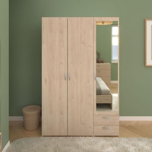 Chambre Complète - Varia - Lit 200x140, 2 Chevets, 1 Commode, 1 Armoire 3 Portes Avec Miroir
