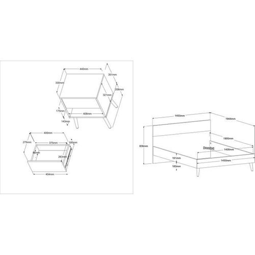 Ensemble Lit 140 X 190 Cm + 2 Chevets - Aalborg - Scandinave - Blanc / Chene -