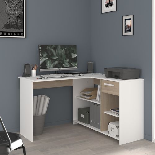 Bureau d'angle 1 tiroir MILO blanc et imitation chêne