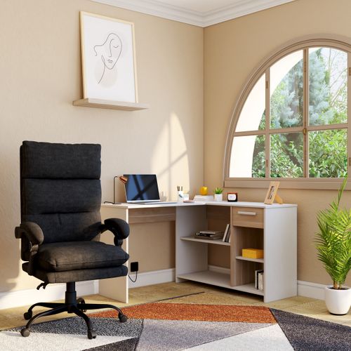 Bureau d'angle 1 tiroir MILO blanc et imitation chêne