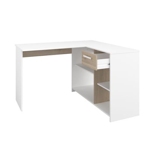 Bureau d'angle 1 tiroir MILO blanc et imitation chêne
