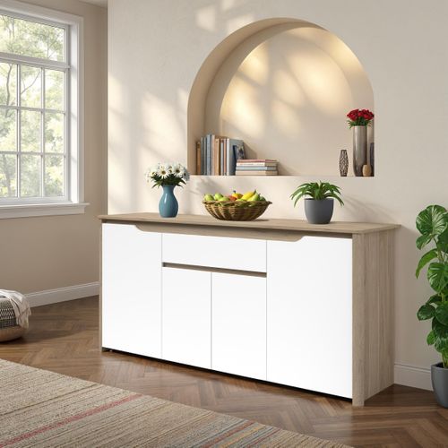 Buffet 4 portes 184 cm WENDY imitation chêne et blanc