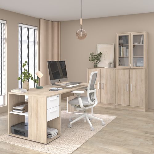 Caisson 2 tiroirs et 1 niche START UP 2 imitation chêne et blanc