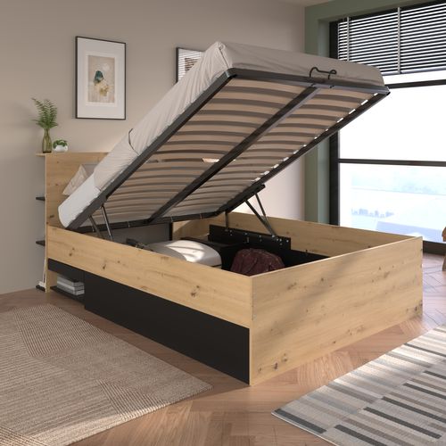 Lit coffre avec sommier relevable 140x190 cm FABIO imitation chêne