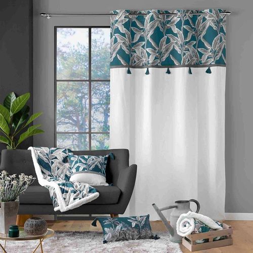 Rideau à Oeillets 140x240 Uni Top Pompon Isibelle Bleu Coton