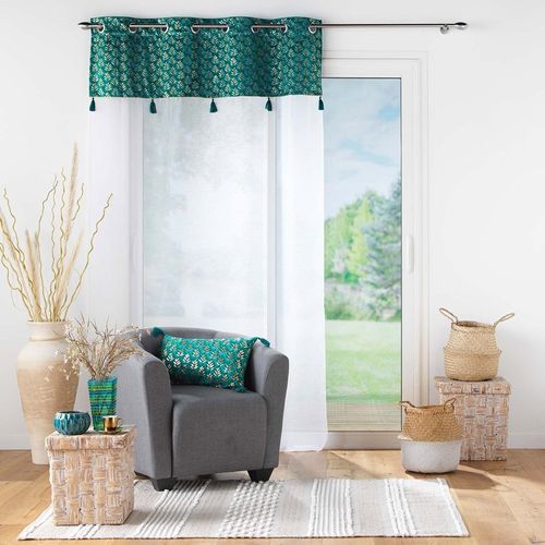 Voilage à Oeillets 140x240 Sable Top Velours Pompons Evie Bleu