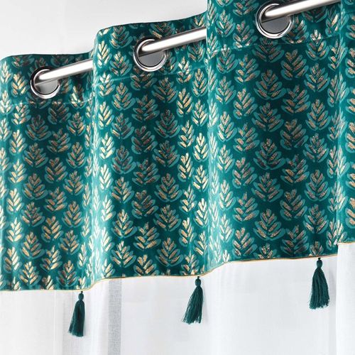 Voilage à Oeillets 140x240 Sable Top Velours Pompons Evie Bleu