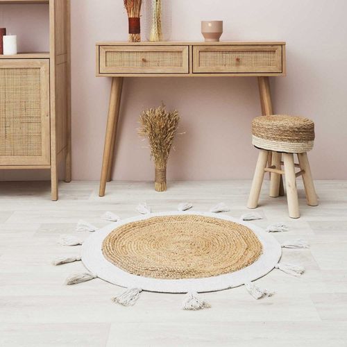 Tapis Rond Jute Pompons Blanc D80