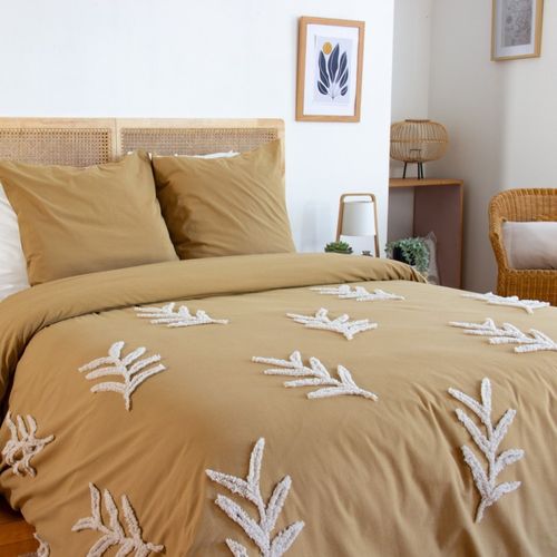 Housse De Couette 260x240 Feuillu + 2 Taies 100% Coton Lavé 52 Fils