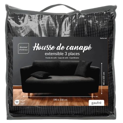 Housse De Canapé Extensible En Polyester Gaufré Coloris Noir