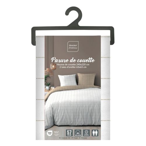 Housse De Couette 240x220 + 2 Taies Carreaux 100% Coton 57fils