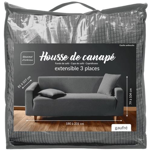 Housse De Canapé Extensible En Polyester Gaufré Coloris Anthracite