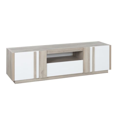 Banc TV Effet Bois Chêne Clair 2 Portes 1 Tiroir Blanc Brillant