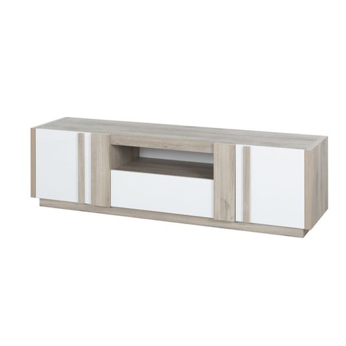 Banc TV Effet Bois Chêne Clair 2 Portes 1 Tiroir Blanc Brillant