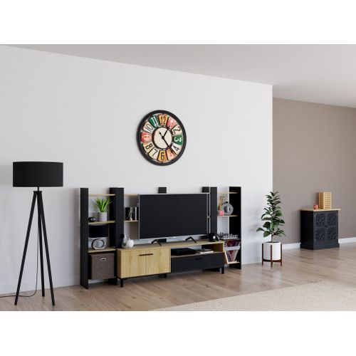 Banc TV - Trust - Chene / Noir - 2 Portes - 1 Tiroir - 140 X 40 X 47 Cm