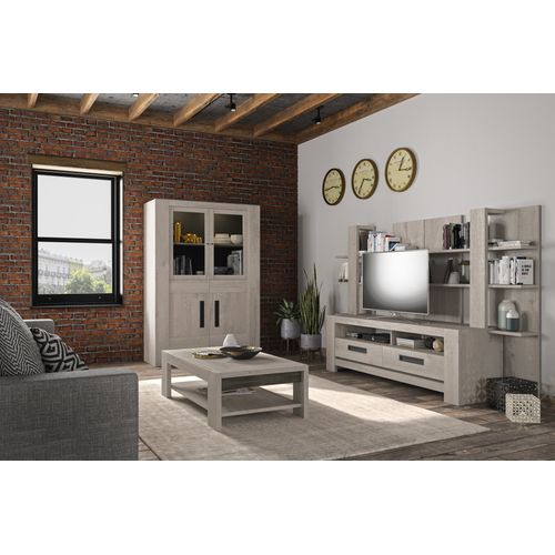 Surmeuble TV Effet Bois Chêne Gris Clair Avec Tablettes Réversibles