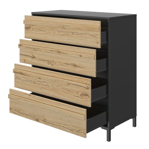 Commode 4 Tiroirs H104 Cm - Décor Chêne Et Noir