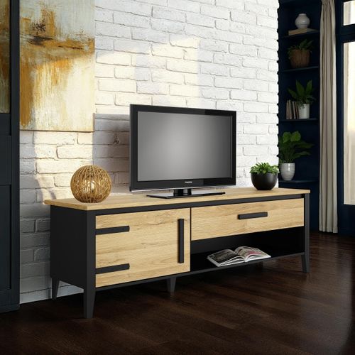 Meuble TV 1 porte/1 tiroirs CORK imitation chêne/noir