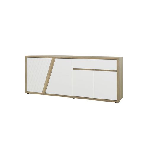 Buffet 4 Portes 1 Tiroir Effet Bois Chêne Blanc Brillant