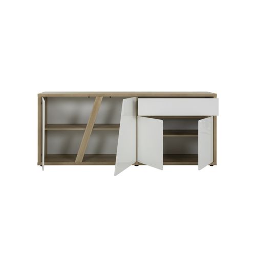 Buffet 4 Portes 1 Tiroir Effet Bois Chêne Blanc Brillant