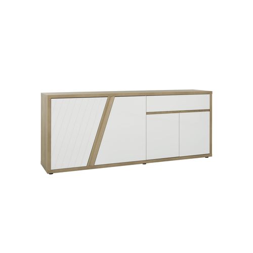 Buffet 4 Portes 1 Tiroir Effet Bois Chêne Blanc Brillant