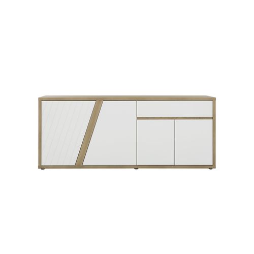 Buffet 4 Portes 1 Tiroir Effet Bois Chêne Blanc Brillant