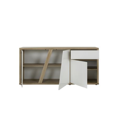 Buffet 3p 1t Blanc Brillant et Effet Bois Chêne Matière Durable
