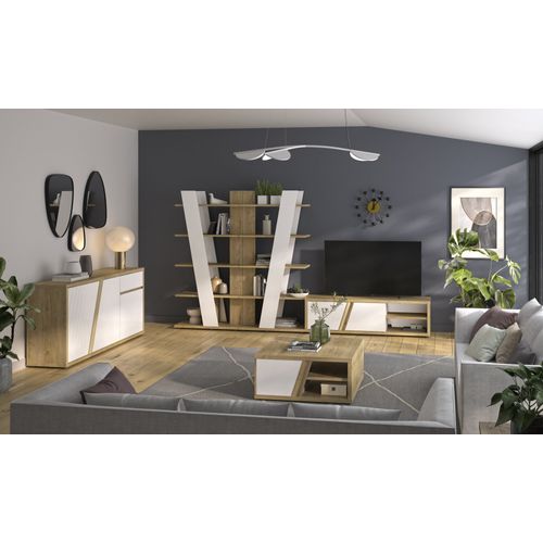 Buffet 3p 1t Blanc Brillant et Effet Bois Chêne Matière Durable