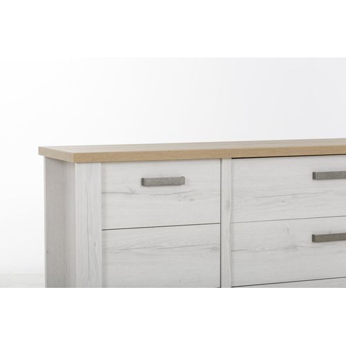 Buffet 2p 3t Effet Bois Chêne  Mat Poignées Métal Vieilli