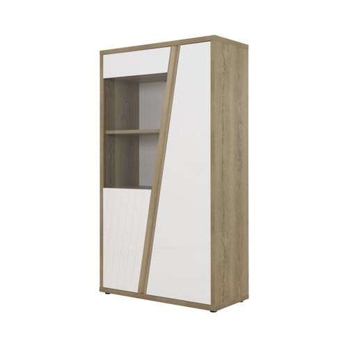 Vaisselier 2 Portes Blanc Brillant et Effet Bois Chêne Design Épuré