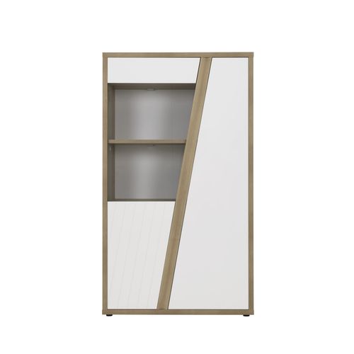 Vaisselier 2 Portes Blanc Brillant et Effet Bois Chêne Design Épuré