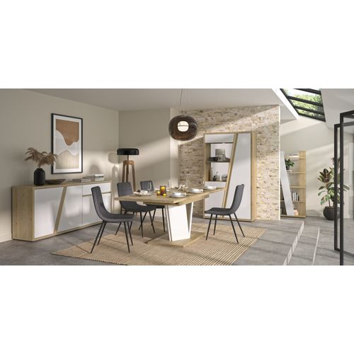 Vaisselier 2 Portes Blanc Brillant et Effet Bois Chêne Design Épuré