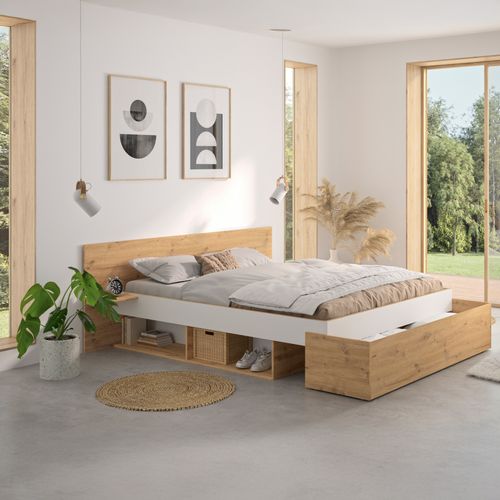 Lit 140x190 cm ANIS imitation chêne et blanc