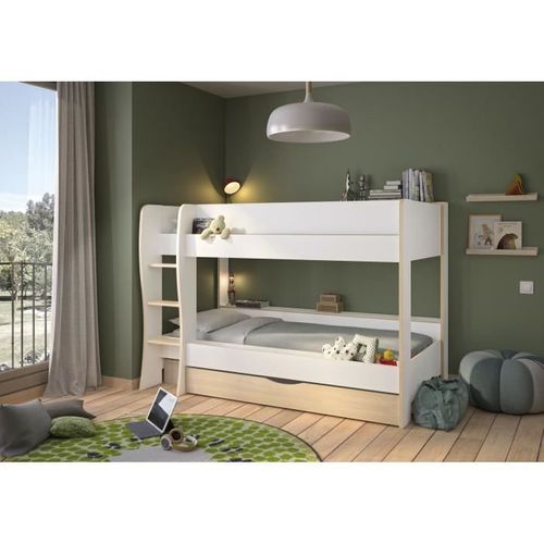 Lits Superposés - Tiroir - Roomy - Blanc / Chene Naturel 90x200 cm