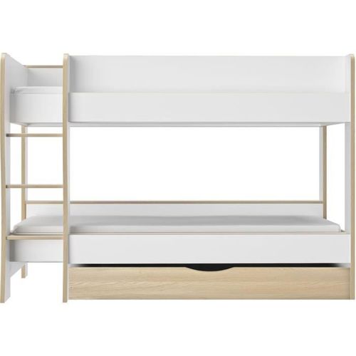 Lits Superposés - Tiroir - Roomy - Blanc / Chene Naturel 90x200 cm