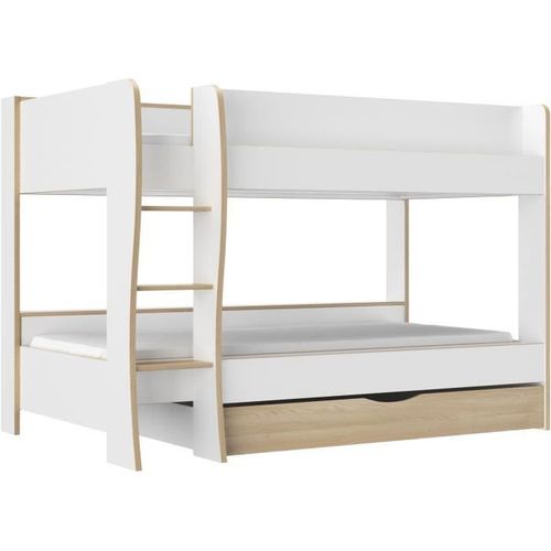 Lits Superposés - Tiroir - Roomy - Blanc / Chene Naturel 90x200 cm