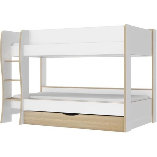Lits Superposés - Tiroir - Roomy - Blanc / Chene Naturel 90x200 cm