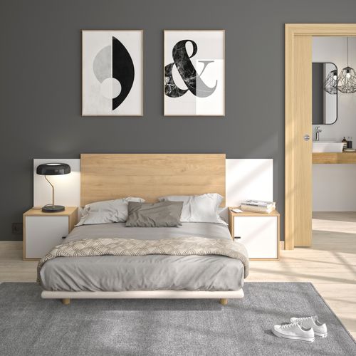Tête de lit ajustable 140/160 avec chevets LEONIE imitation chêne et blanc