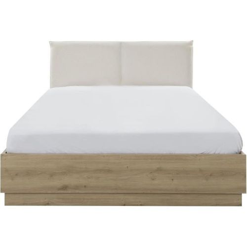 Lit Coffre Tete Textile - Tidy - 160 X 200 Cm - Chene / Ecru - Sommier Inclus -
