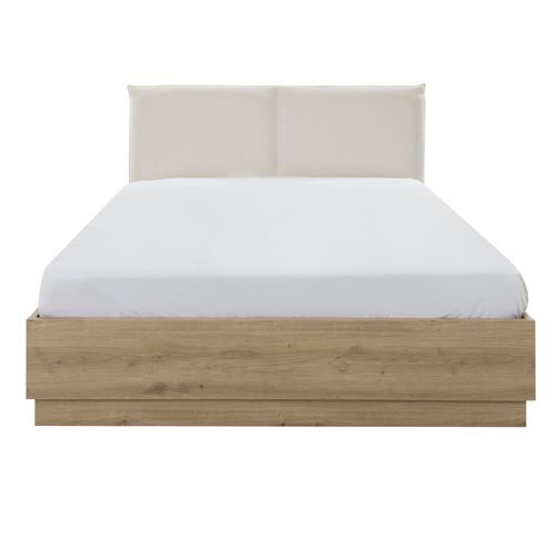 Lit coffre 160x200 cm avec tête de lit tissu beige et cadre imitation chêne JUDY