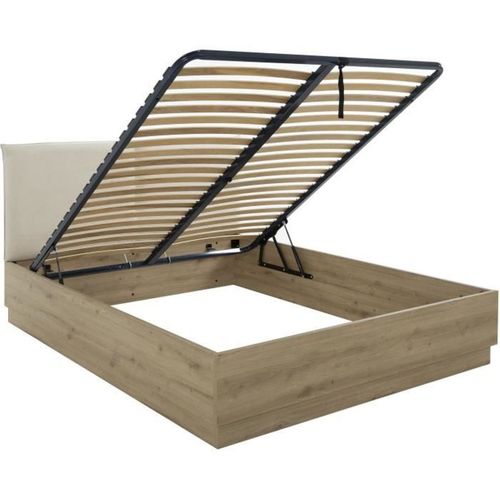Lit Coffre Tete Textile - Tidy - 160 X 200 Cm - Chene / Ecru - Sommier Inclus -